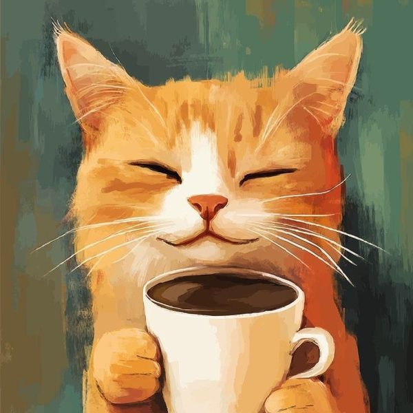 Иллюстрация: рыжий кот с чашкой кофе
